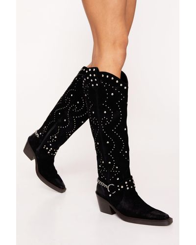 Nasty Gal Suede Studded Harness Knee High Cowboy Boots - Black