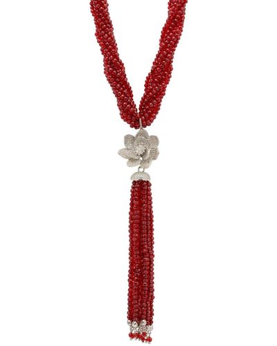 LÁTELITA London Lotus Flower Tassel Statement Necklace Garnet Red Silver