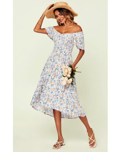 FS Collection Bardot Angel Sleeve Elasticated Detail Midi Dress In White & Blue Floral Print - Natural