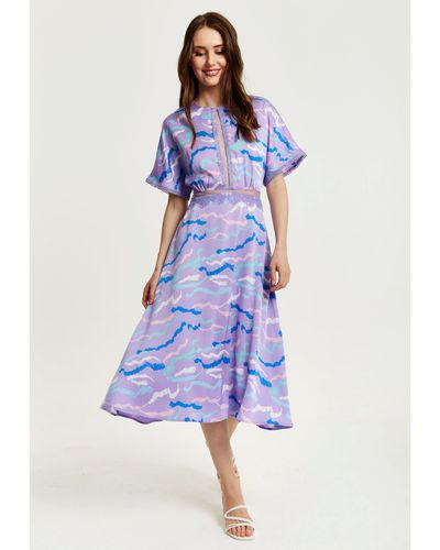 Liquorish Midi Abstract Zebra Print Dress With Mesh Detail In Lilac - Blue
