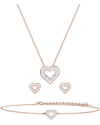 The Fine Collective Sterling Silver Rose Gold Plated Crystal Heart Pendant, Earrings & Bracelet Set - Metallic