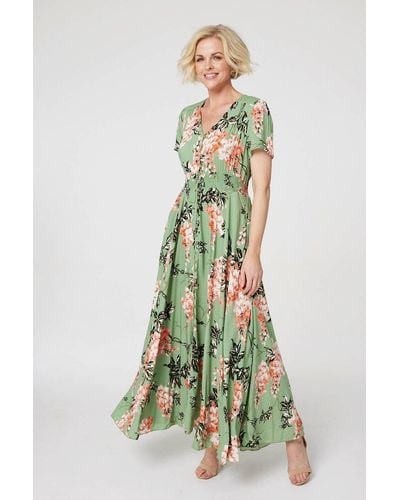 Izabel London Floral High Low Maxi Tea Dress - Green