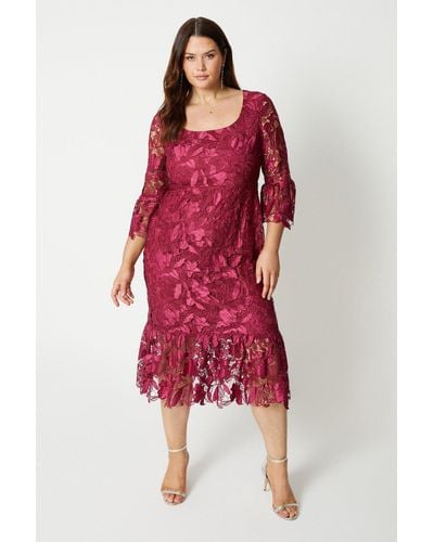 Coast Plus Satin Lace Long Sleeve Midi Dress - Red