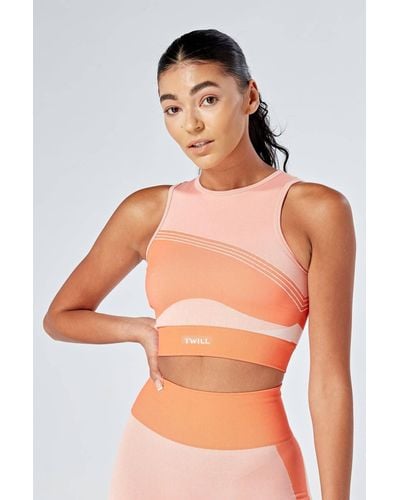 Twill Active Recycled Colour Block Body Fit Racer Crop Top - Coral - Orange