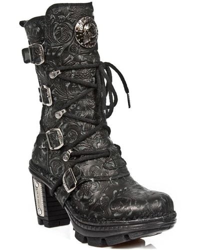 New Rock Ladies Floral Gothic Leather Boots- Neotr005-s25 - Black