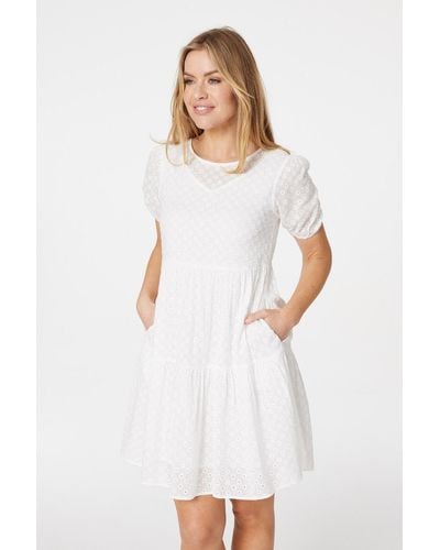 Izabel London Floral Cotton Short Smock Dress - White