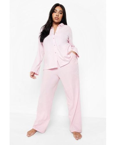 Boohoo Plus Oversized Button Down Shirt & Trousers Pyjama Set - Pink