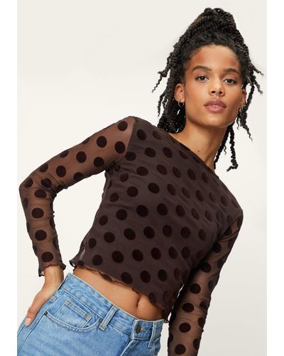 Nasty Gal Petite Spot Flock Crew Neck Top - Brown