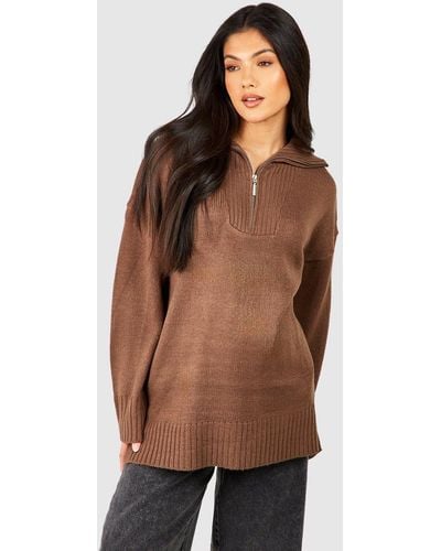 Boohoo Maternity Zip Collar Knitted Jumper - Brown