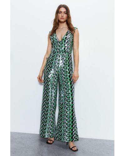 Warehouse Premium Printed Sequin Jumpsuit - Green