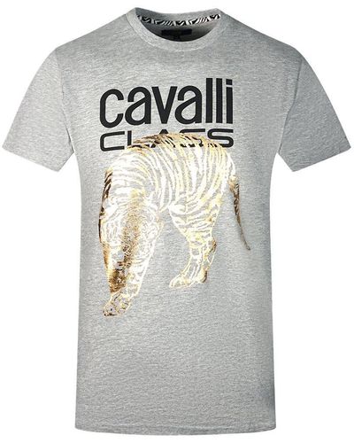 Class Roberto Cavalli Large Gold Tiger Stencil Logo Grey T-shirt