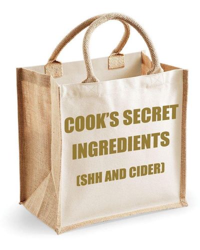 60 SECOND MAKEOVER Medium Jute Bag Cook's Secret Ingredients (shh And Cider) Natural Bag Gold Text - Metallic