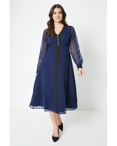 Wallis Zip Front Plain Midi Dress - Blue