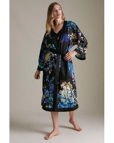 Karen Millen Floral Garden Satin Nightwear Robe - Blue