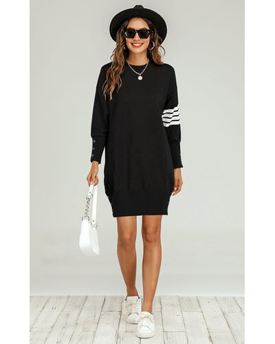 FS Collection Wool Knitted Tunic Jumper Dress With White Stripe In Black