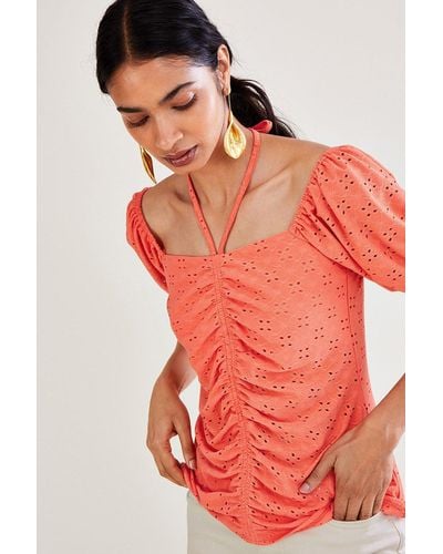 Monsoon Broderie Ruched Jersey Top - Orange