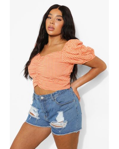 Boohoo Plus Gingham Crop Top - Blue