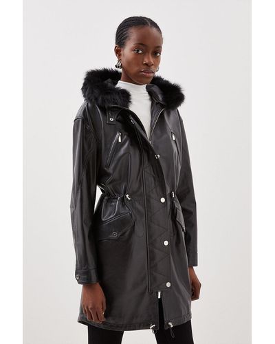 Karen Millen Leather Hooded Parka - Black
