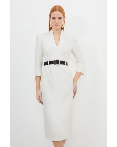 Karen Millen Tailored Structured Crepe High Neck Belted Pencil Dress - White