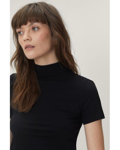 Nasty Gal Cotton Stretch Cap Sleeve Funnel Neck Top - Black