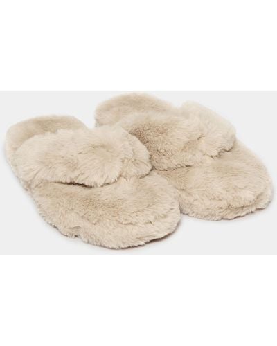 Yours Extra Wide Fit Fluff Toe Slippers. - Natural