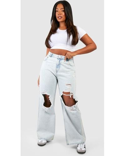 Boohoo Plus Bleach Wash Super Distressed Relaxed Straight Leg Jeans - White