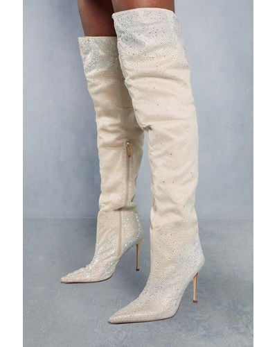 MissPap Embellished Over The Knee Pointed Boots - Natural