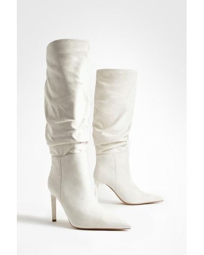 Boohoo Ruched Stiletto Pointed Toe Boots - White