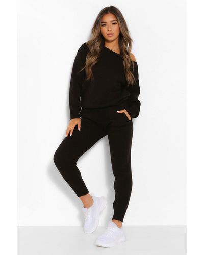 Boohoo Petite Knitted Slash Neck Long Sleeve Co-ord - Black