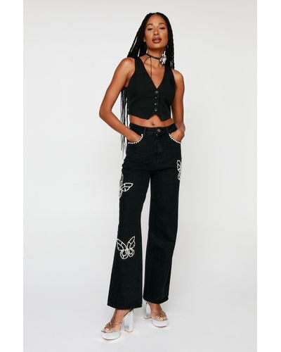 Nasty Gal Butterfly Diamante Embellished Straight Leg Jeans - Black