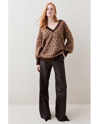 Karen Millen Brushed Leopard Knit V Neck Jumper - Multicolour