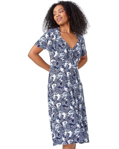 Roman Petite Floral Ruched Stretch Tea Dress - Blue