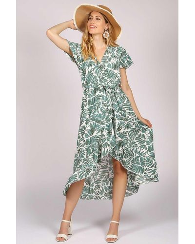 Tenki Ruffle Wrap Leaf Print Maxi Dress - Green