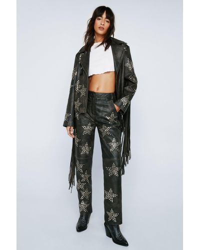 Nasty Gal Real Leather Star Studded Straight Leg Trousers - Black
