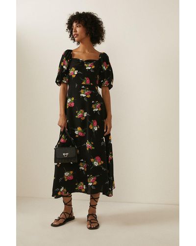 Oasis Bouquet Floral Puff Sleeve Midi Dress - Natural