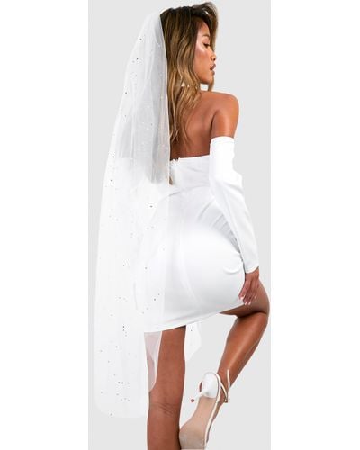Boohoo Diamante Bridal Veil Headband - White