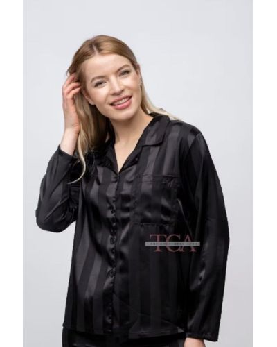 The Colourful Aura Black Stripe Soft Satin Long Sleeve Night Suit Women's Silk Sleepwear Pyjama Set