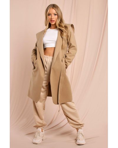 MissPap Hooded Waterfall Belted Coat - Natural