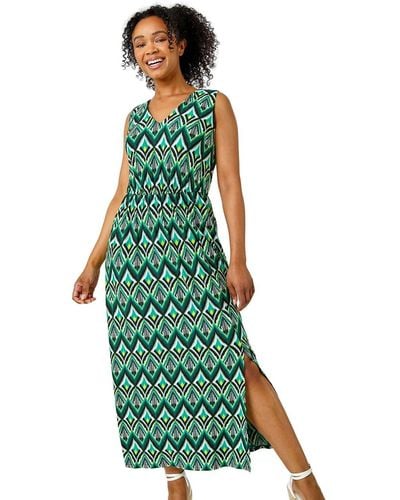 Roman Petite Aztec Print Shirred Maxi Dress - Green