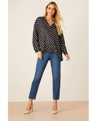 Dorothy Perkins Black Spot Print Satin Collarless Shirt - Blue