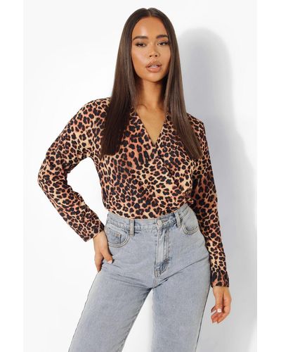 Boohoo Leopard Wrap Bodysuit - Brown