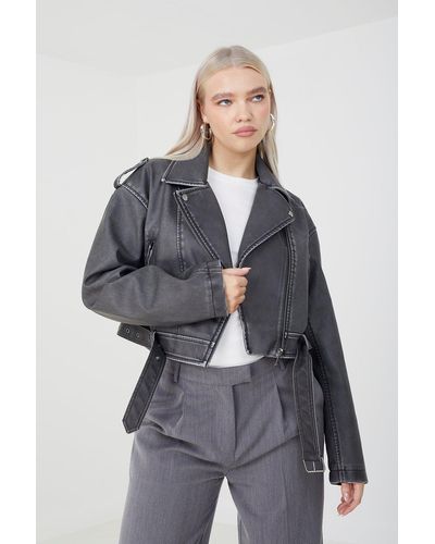 Brave Soul 'vic' Faux Leather Cropped Biker Jacket - Grey