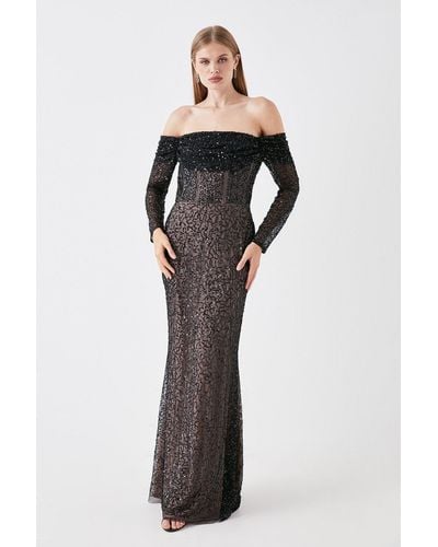 Coast Draped Bardot Sequin Long Sleeve Maxi Dress - Black