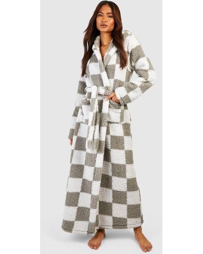 Boohoo Tall Premium Checkboard Fleece Dressing Gown - Grey