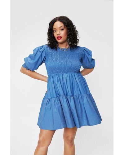 Nasty Gal Plus Size Denim Shirred Smock Dress - Blue