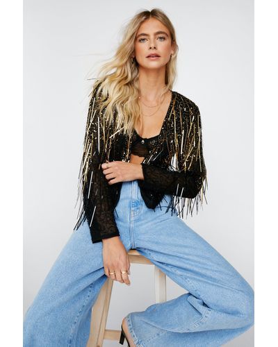 Nasty Gal Beaded Fringed Mesh Jacket - Blue