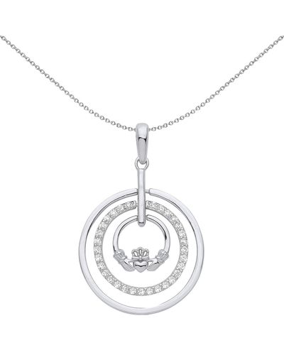 Jewelco London Silver Cz 2 Circle Claddagh Necklace - Gvp565 - Metallic