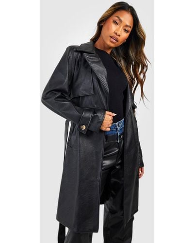 Boohoo Belted Short Faux Leather Trench Coat - Black