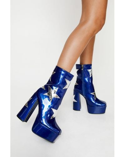 Nasty Gal Faux Leather Star Platform Ankle Boots - Blue