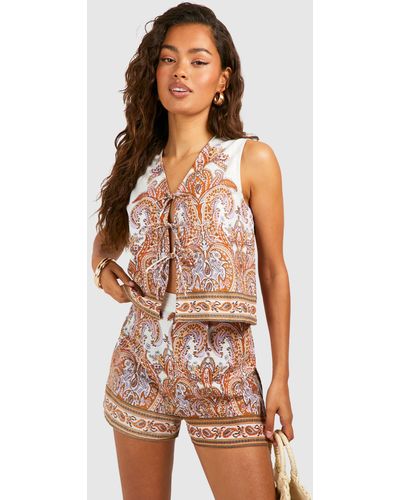 Boohoo Paisley Print Linen Look Tie Front Crop - Natural